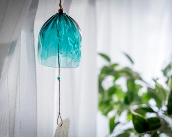 Hand-blown Japanese Oshima Jade Phosphorescent Wind Chime, Sui Kobo Glow in the Dark Glass Furin Made in Japan