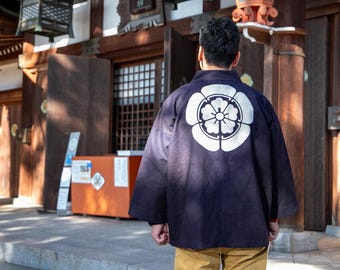 Hand-Dyed Japanese Happi Jacket with Samurai Crest, Aoi Happi & Ori Happi, Traditional Cotton Kimono Coat Made by Japanese Artisans