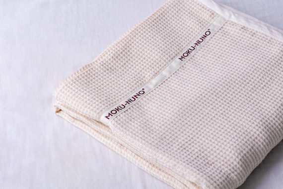 All-Season Japanese Blanket Moku-Nuno Towelket, Organic Cotton and Wooden Fabric Waffle Throw