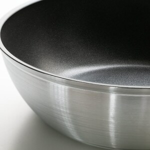 Pu&ograve; includere: Una padella argentata e nera con una superficie antiaderente. La padella ha una finitura in alluminio spazzolato all'esterno e un rivestimento antiaderente nero all'interno.