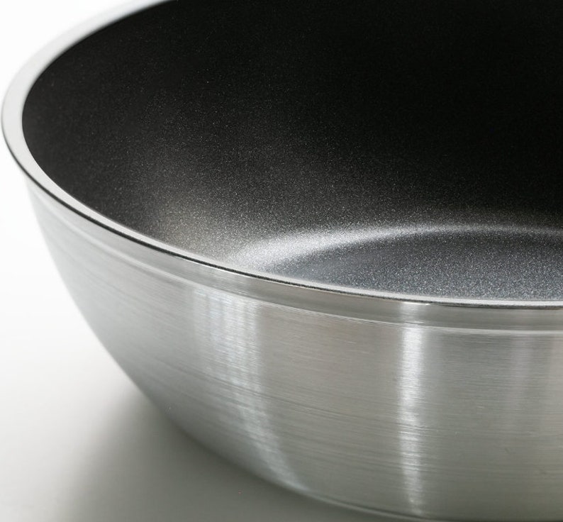 Pu&ograve; includere: Una padella argentata e nera con una superficie antiaderente. La padella ha una finitura in alluminio spazzolato all'esterno e un rivestimento antiaderente nero all'interno.