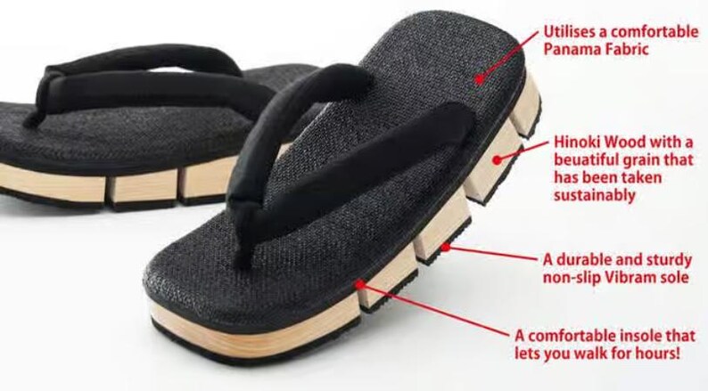 May include: Black leather sandals with a wooden sole. The sole is made of Hinoki wood with a beautiful grain. The sandals have a comfortable Panama fabric upper and a durable Vibram sole.