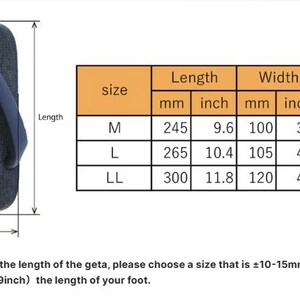 May include: A size chart for geta sandals, traditional Japanese footwear. The chart shows the length and width of the sandals in millimeters and inches for sizes M, L, and LL. The chart also includes a note about choosing a size that is 10-15 millimeters (0.39-0.59 inches) larger than the length of your foot.