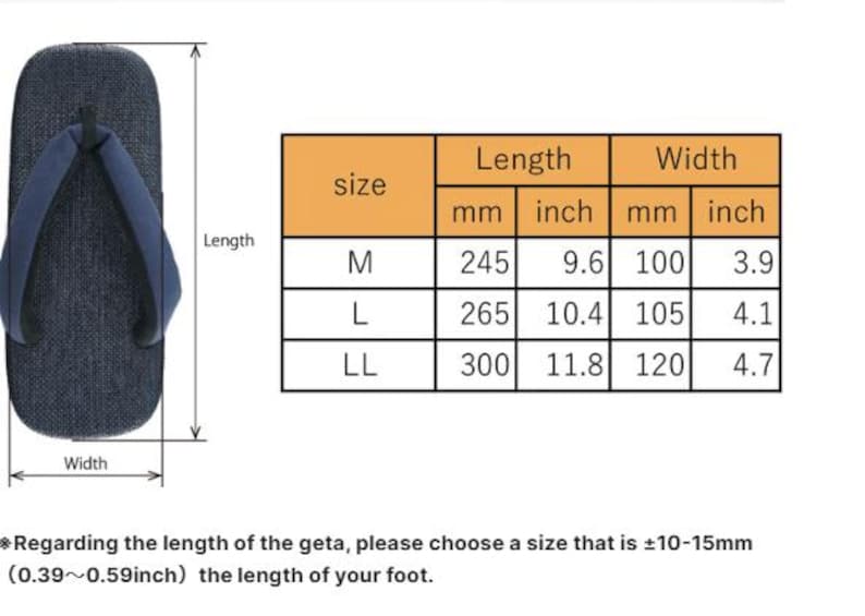 May include: A size chart for geta sandals, traditional Japanese footwear. The chart shows the length and width of the sandals in millimeters and inches for sizes M, L, and LL. The chart also includes a note about choosing a size that is 10-15 millimeters (0.39-0.59 inches) larger than the length of your foot.