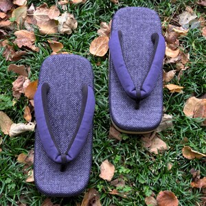 May include: A pair of blue traditional Japanese sandals, known as geta, with a woven fabric upper and a wooden base. The sandals are sitting on a bed of green grass and brown leaves.