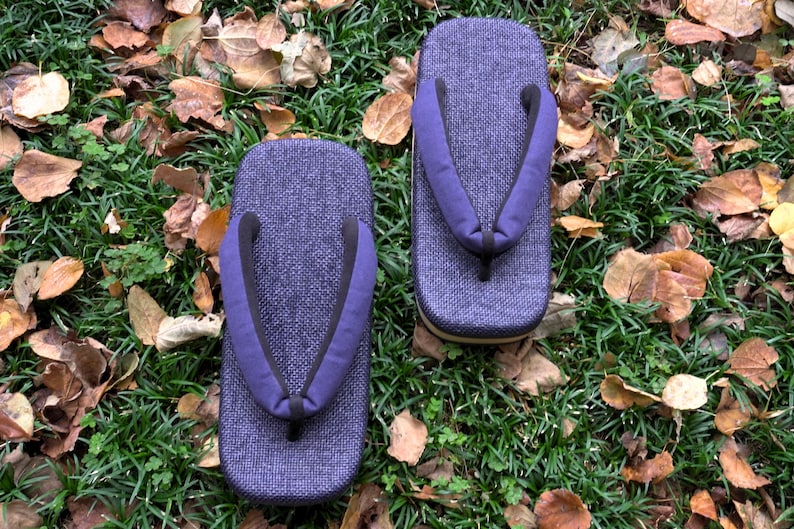 May include: A pair of blue traditional Japanese sandals, known as geta, with a woven fabric upper and a wooden base. The sandals are sitting on a bed of green grass and brown leaves.