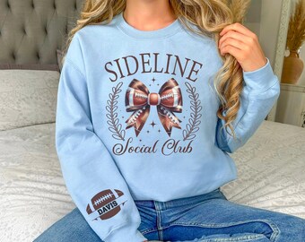 Custom Coquette Football Girl Crew and Mom Sweatshirt with Player Name On Sleeve, Cute Football Girl Sweater, Football Lover Gift for Her