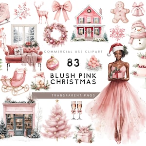 Aquarel roze kerst clipart, blush roze kerst, gezellige kerst, roze winter wonderland, roze vakantie, junk journal sublimatie