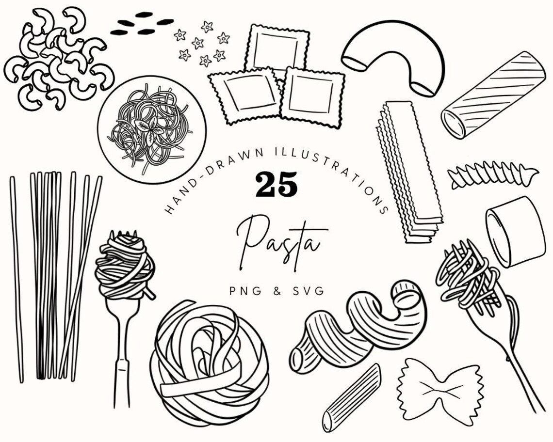 Basic Pasta Svg Hand Drawn Pasta Clipart: Italian Food Doodles, SVG PNG Graphics ...