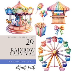 Akwarela Tęcza Pastelowy Karnawał Clipart, Natychmiastowe Pobieranie, Tęczowy Karnawał Clipart, Tęczowy Clipart, Karuzela Clipart, Użytek Komercyjny