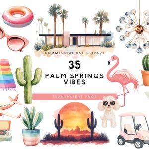 Aquarell Palm Springs Clipart, Kalifornien Clipart, Retro Wüste Clipart, Aquarell Wüste Vibes Clipart, Aquarell Mid Century Clipart