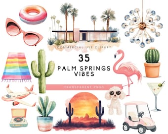 Watercolor Palm Springs Clipart: Retro Desert Vibes (35 PNGs) (Digital Download)