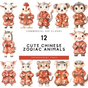 12 Chinese Zodiac Animals, Chinese New Year Clipart, Zodiac Watercolor, Chinese Lunar New Year, Cute Chinese Zodiac Animals, Horoscope PNG