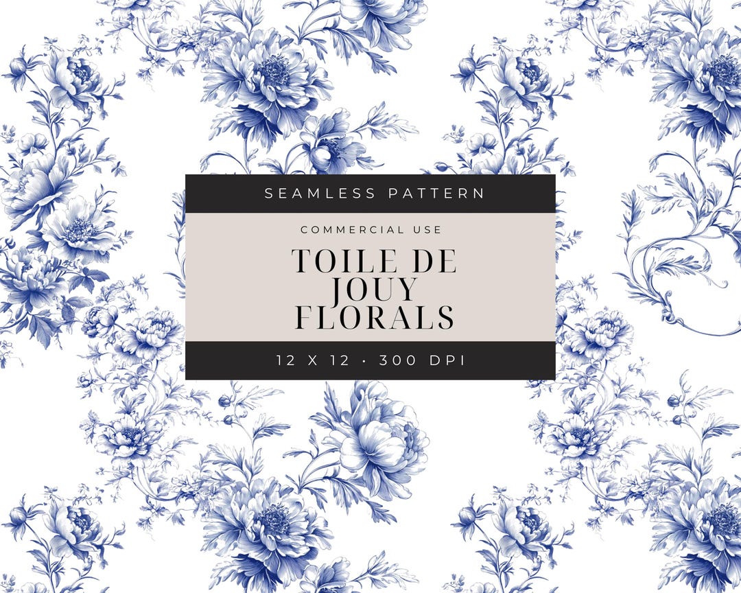 Blue Chinoiserie Floral Toile De Jouy Seamless Pattern (digital ...