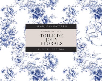 Blue Chinoiserie Floral Toile de Jouy Seamless Pattern (Digital Download)