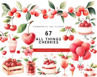 Conjunto de imágenes prediseñadas de cerezas en acuarela: cerezas coquetas y lazos PNG (uso comercial)