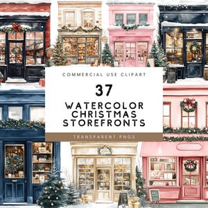 Può includere: Un set di 37 illustrazioni ad acquerello di vetrine natalizie. Le vetrine sono decorate con ghirlande, festoni e luci. Le illustrazioni sono perfette per creare biglietti di auguri natalizi, inviti e altri progetti festivi.