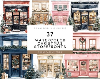 Clipart de vitrines de Natal em aquarela: gráficos de lojas de fim de ano (37 PNGs)