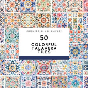 May include: 50 colorful Talavera tile designs featuring floral patterns in shades of blue, green, yellow, pink, and orange. The tiles are perfect for crafting projects, home decor, and scrapbooking.