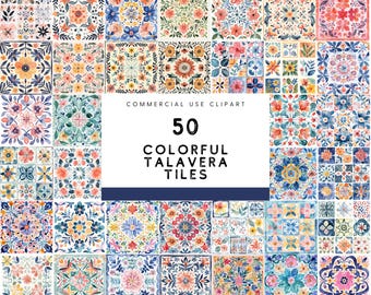 Aquarel Mexicaanse talavera clipartset: bloemen azulejotegels (digitale download)