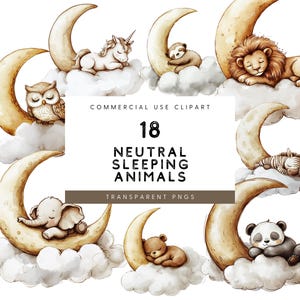 Watercolor Sleeping Animals Clipart: Neutral Nursery Moon PNG (Digital Download)