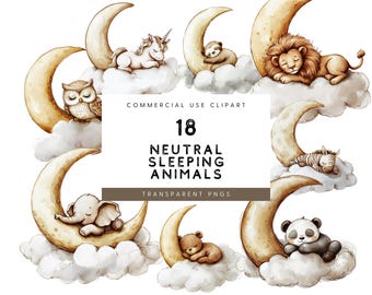 Watercolor Sleeping Animals Clipart: Neutral Nursery Moon PNG (Digital Download)