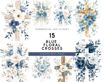 Watercolor Flower Cross Clipart: Christian Easter Baptism Designs (Commercial Use)