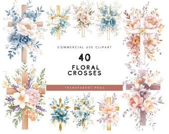 Watercolor Flower Cross Clipart: Christian Easter PNGs (Commercial Use)