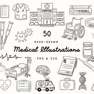 Ensemble de cliparts médicaux dessinés à la main, SVG et PNG (téléchargement numérique) : soins infirmiers, gribouillages, dessin au trait médical, soins de santé