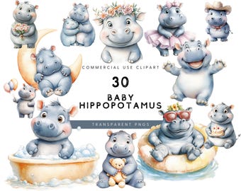 Watercolor Baby Hippo Clipart: Nursery PNG Graphics (Commercial Use)