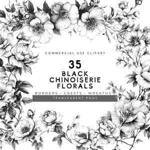 Aquarell Vintage Chinoiserie Blumen Clipart, Botanische Kränze und Bordüren für Hochzeitseinladungen, Toile de Jouy und französisches Barockwappen PNG