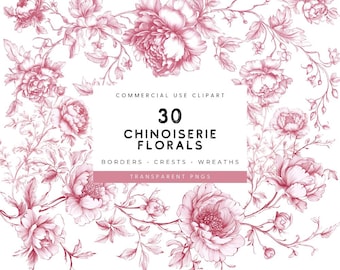 Imágenes prediseñadas florales de estilo chinoiserie en acuarela: coronas y bordes vintage (PNG)