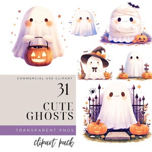 Imágenes prediseñadas de fantasmas de Halloween, conjunto de imágenes prediseñadas de fantasmas lindos, PNG, imágenes prediseñadas de Halloween en acuarela, gráficos de fantasmas en acuarela, paquete de imágenes prediseñadas de Halloween