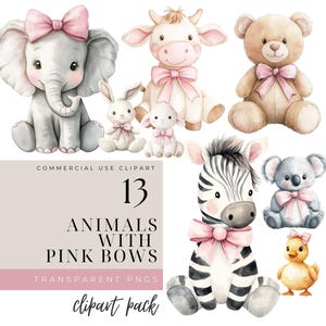 Animales de acuarela con lazos rosas, imágenes prediseñadas, animales lindos de acuarela para guardería, baby shower PNG, guardería PNG, gráficos de animales bebés
