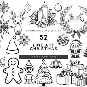 Clipart di linee artistiche natalizie, Clipart di linee artistiche natalizie, Uso commerciale, Arte di contorno di linee sottili minime, Immagini di contorno di festività