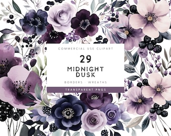 Akvarell lila blommor Clipart: Buketter, kransar, element (PNG)