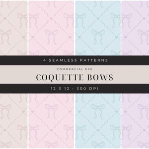 Könnte beinhalten: Vier nahtlose Muster in Pastellfarben: Rosa, Hellblau und Lavendel. Jedes Muster zeigt ein sich wiederholendes Design aus Schleifen und Herzen in einem Rautenmuster. Der Text "COQUETTE BOWS" wird angezeigt.