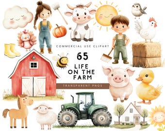 May include: Watercolor illustration featuring farm animals, children, and farm elements. Includes a red barn, tractor, pig, cow, sheep, and the text "65 LIFE ON THE FARM TRANSPARENT PNGS". The artwork has a cheerful, cartoon style.