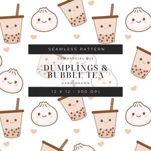 Peut inclure: Un motif sans couture représentant des boulettes et du bubble tea en dessin animé. Le motif est dessiné à la main et comprend des couleurs brunes, blanches et roses. Le texte "DUMPLINGS & BUBBLE TEA" est inclus dans le motif.