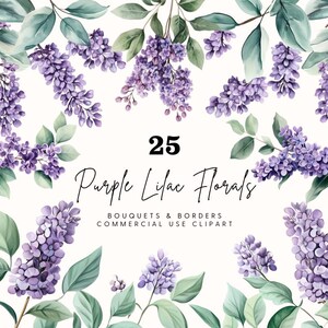 Watercolor Lilac Floral Clipart, Wedding Flowers, Lilac Flowers Clipart, Purple Lilac Spring Flowers, Spring Floral Border Clipart