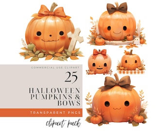 Coquette Pumpkins Clipart Bundle, Cute Pumpkins Clipart, PNG, Watercolor Halloween Clipart, Watercolor Pumpkins with Bows, Kawaii Pumpkins