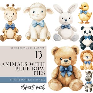 Imágenes prediseñadas de animales de acuarela con lazos azules, animales lindos de acuarela para guardería, imágenes PNG para baby shower, imágenes PNG para guardería, gráficos de animales bebés