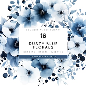 Watercolor Dusty Blue Floral Clipart, Wedding Florals, Includes Bouquets Dusty Blue Flowers PNG, Dusty Blue Wedding Clipart, Flowers PNG
