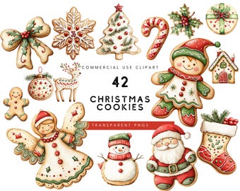 水彩画風クリスマス クッキー クリップアート：42種類のPNGデザイン（商用利用可）