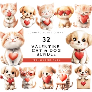 Watercolor Valentines Cat Dog Clipart, Valentine Puppy PNG, Valentine Cat, Cute Kitten PNG, Puppy Love Valentine Clipart Hearts for Crafts