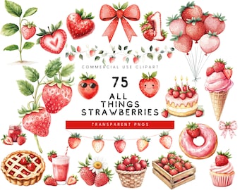 Watercolor Strawberry Clipart Set: Berry First Birthday, Dessert PNG (75 Files)