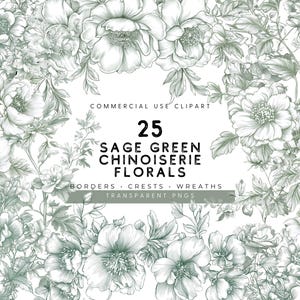 Clipart floral de chinoiseries vintage aquarelle, couronnes botaniques et bordures pour faire-part de mariage, toile de Jouy et écusson baroque français PNG