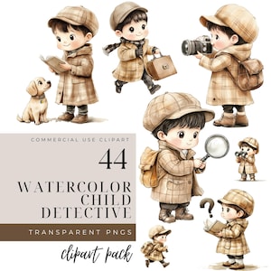 Watercolor Clipart Detective, Watercolor Child Detective Clipart, Boy Detective PNG, Detective Clipart, Commercial Use, Detective Graphics