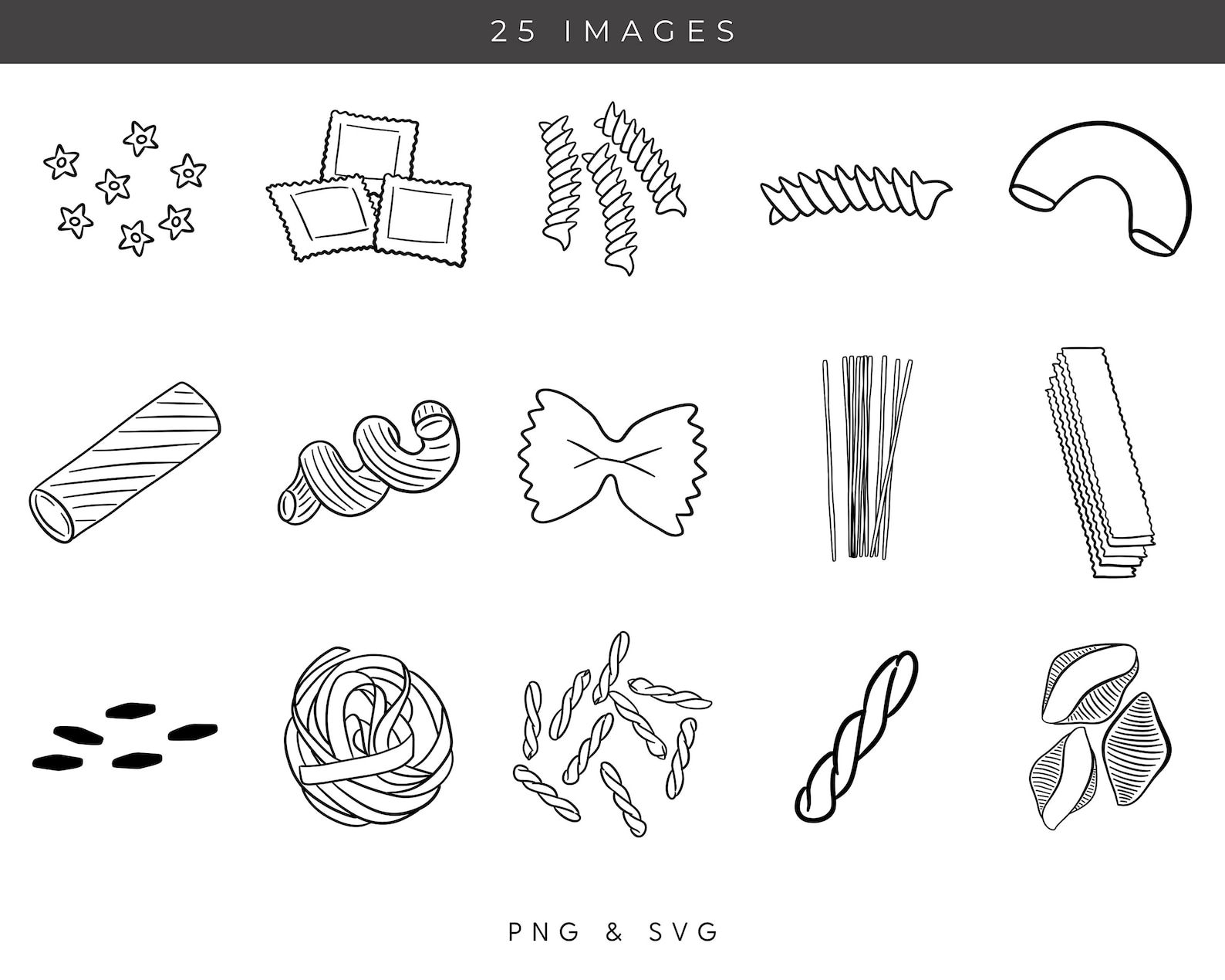 Basic Pasta Svg Hand Drawn Pasta Clipart: Italian Food Doodles, SVG PNG Graphics ...
