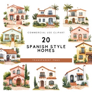 Aquarel Spaanse stijl huis clipart, Spaanse Hacienda PNG, Spaanse Casita clipart, Spaanse huizen clipart, commercieel gebruik voor onroerend goed